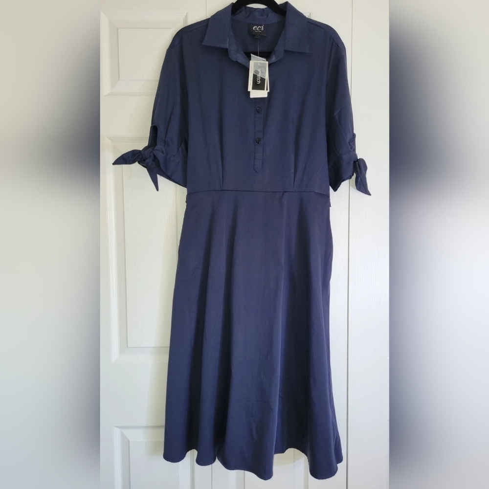 ECI New York Blue 3/4 Sleeve Button Up Knee Length Lightweight Dress Size 10 NWT